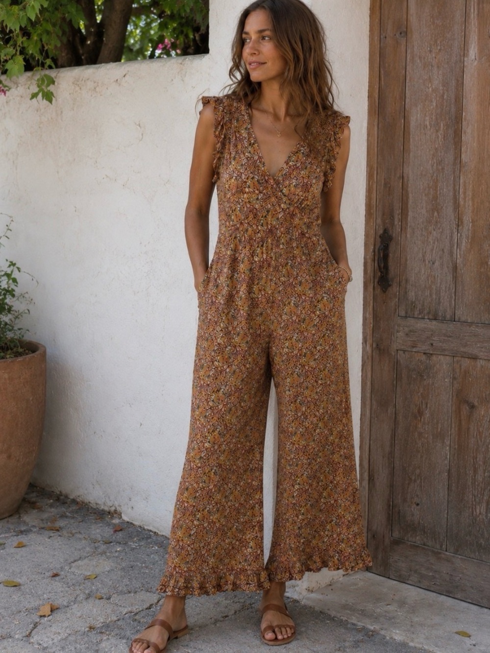 Anthropologie Rust Brown Floral Ruffle-Sleeve V-Neck Wide-Leg Jumpsuit